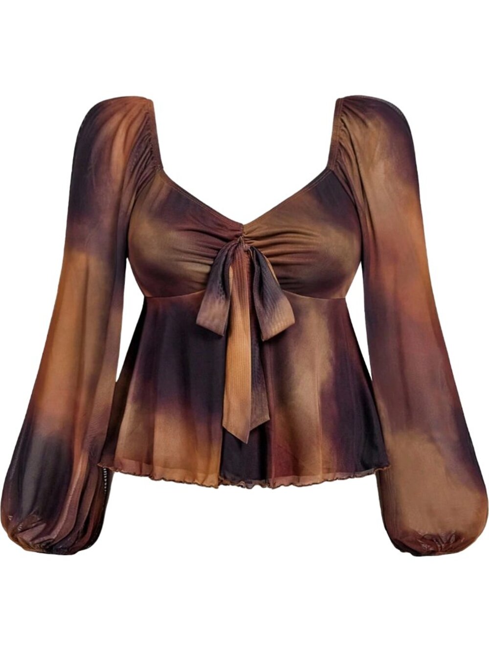 Brown Tie Dye Sweetheart Neck Lantern Sleeve Babydoll Top